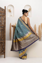 Teal Blue Organza Saree With Bootis