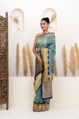 Teal Blue Organza Saree With Bootis