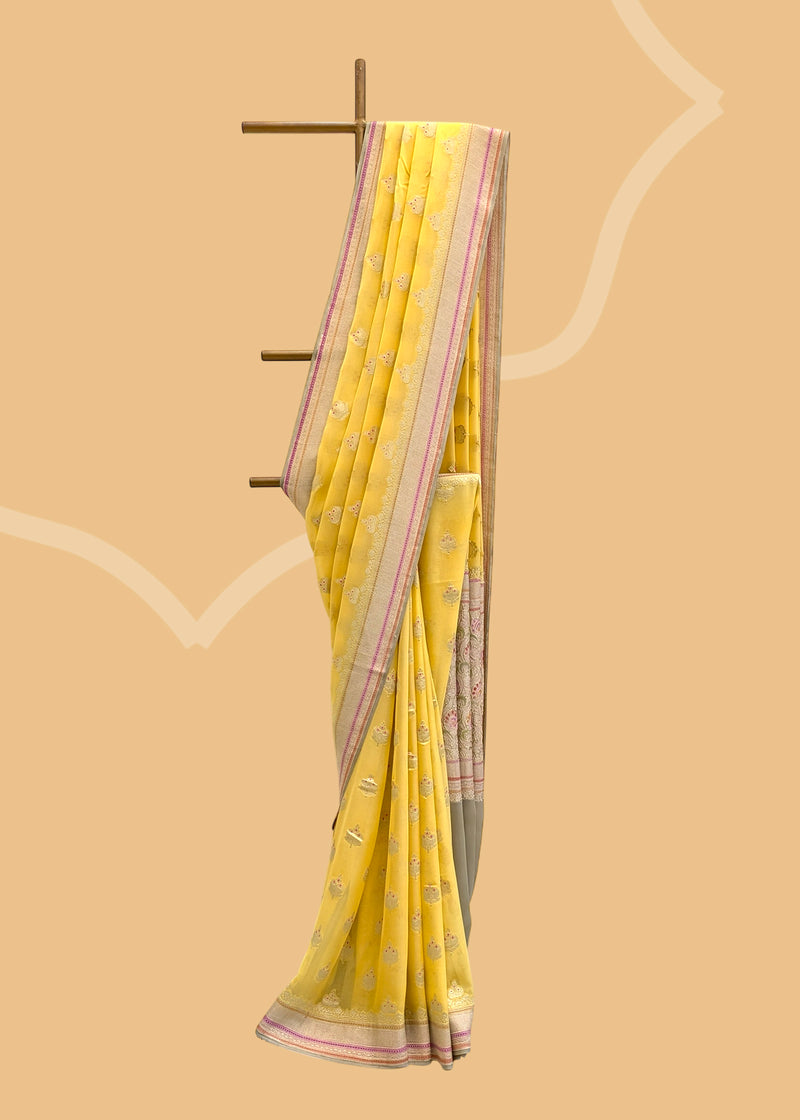 Yellow Meenakari Handpainted Saree