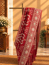 Silk ektaara jaal saree in a one of a kind kahwa jaal with meenakari detailing and an ornamental border and pallu