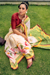 Cream Handpainted Pure Benarasi Georgette Saree