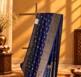 Tussar georgette dollar booti saree shaded in indigo and gray colour and a zari border and pallu