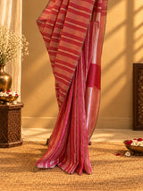 A red and zari stipe saree in chanderi georgette with a delicate zari border