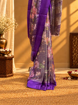 Tissue georgette floral printed saree with a satin border and pallu