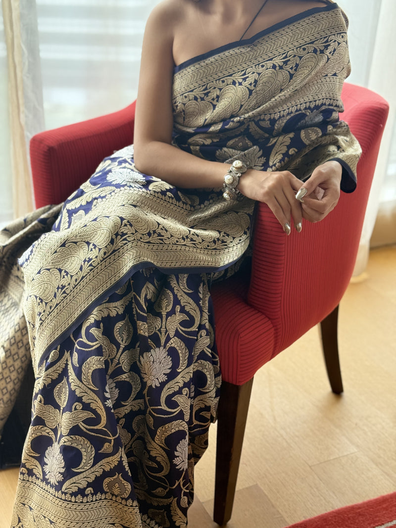 Blue Kadhwa Jangla Silk Benarasi Saree