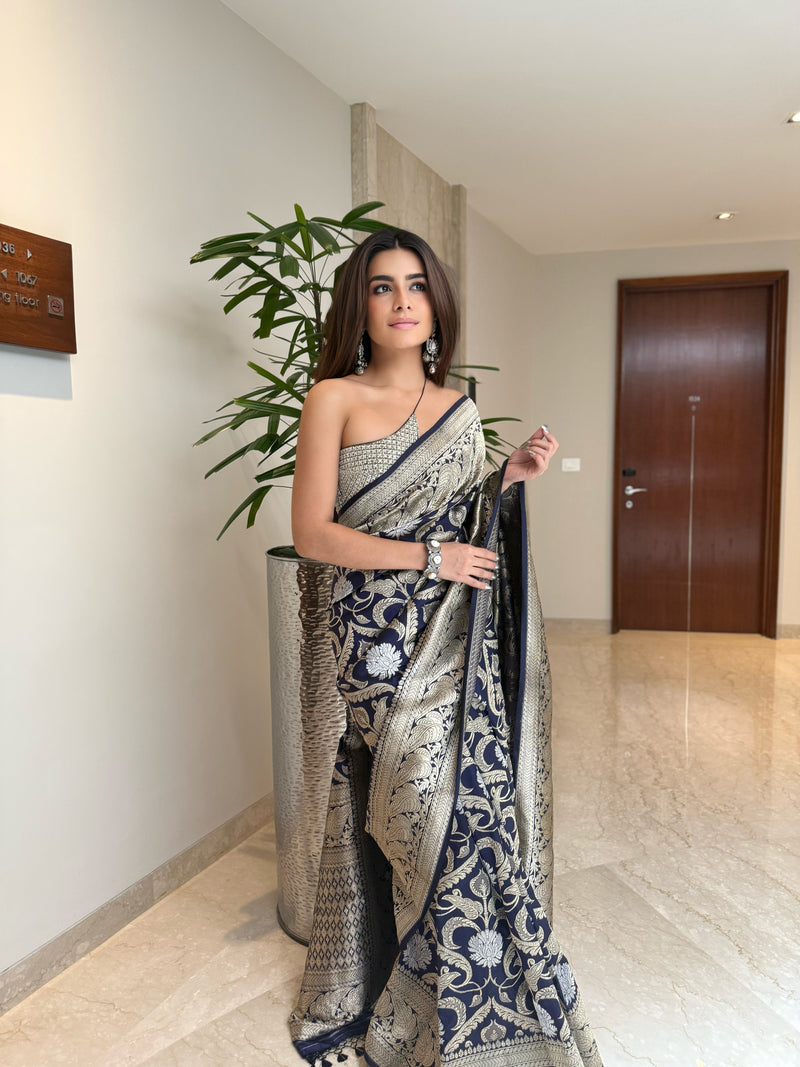 Blue Kadhwa Jangla Silk Benarasi Saree