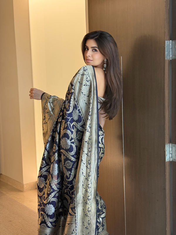 Blue Kadhwa Jangla Silk Benarasi Saree
