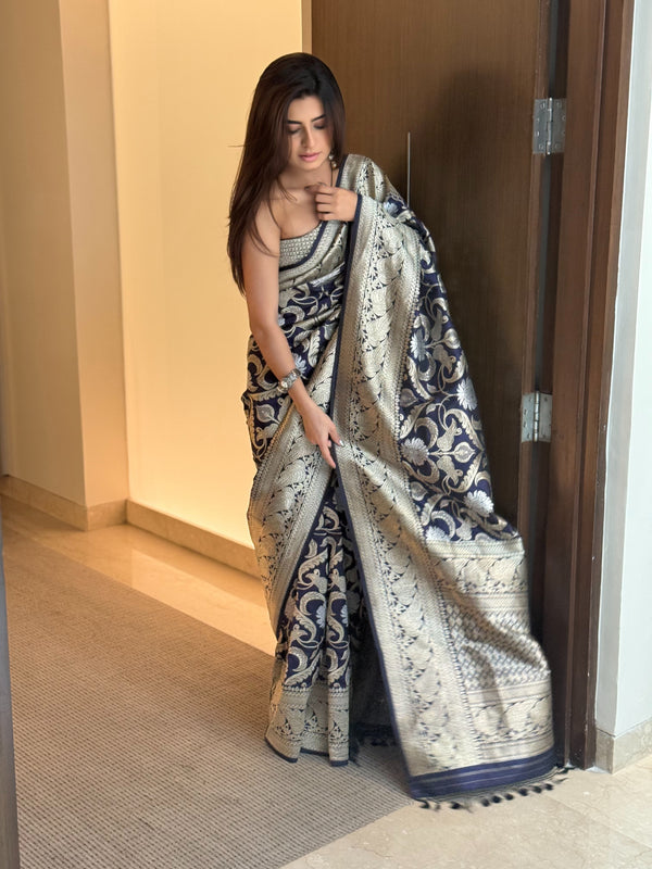 Blue Kadhwa Jangla Silk Benarasi Saree