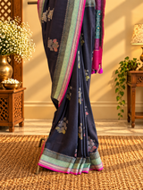 Charcoal Black Floral Muga Georgette Saree