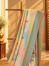 A beautiful muga georgette rangkat in pastel colours of lemon pista sky blue and baby pink handpainted with zari jaal and floral bootis