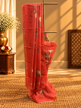 ⁠Red Printed Chanderi Saree