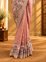 ⁠Salmon Pink Embroidered Silk Saree