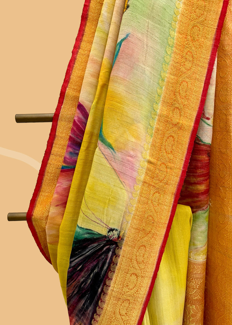 Lime yellow handpainted tussar georgette