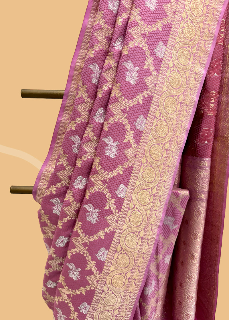 Pink silk tanchoi weave saree