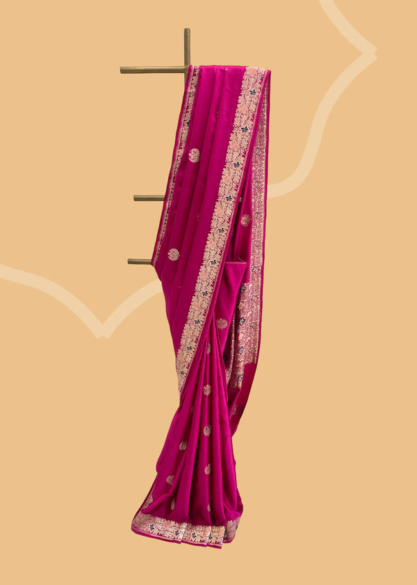  A beautiful satin gajji saree in a vibrant wine colour with kadhwa bootis and meenakari border Shop the best collection of authentic, handwoven, pure benarasi sarees with Roliana New Delhi