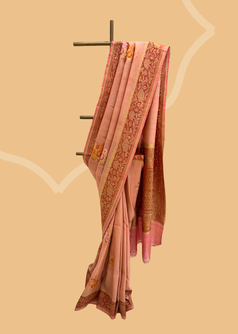 Salmon pink tussar georgette saree