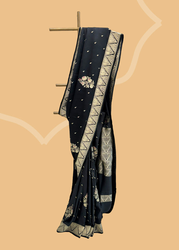 Black satin georgette saree