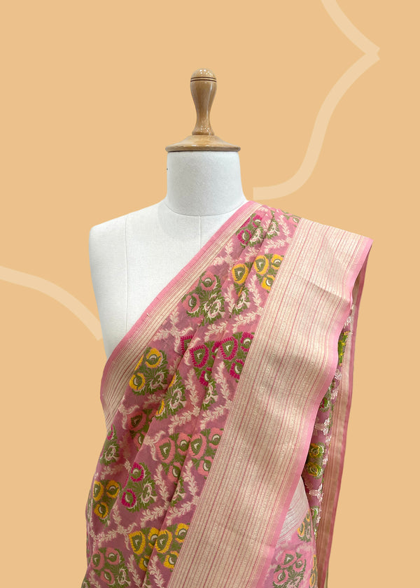 Pink meenakari pure georgette benarasi saree by Roliana. Shop the best collection of authentic, handwoven, pure benarasi sarees with Roliana New Delhi