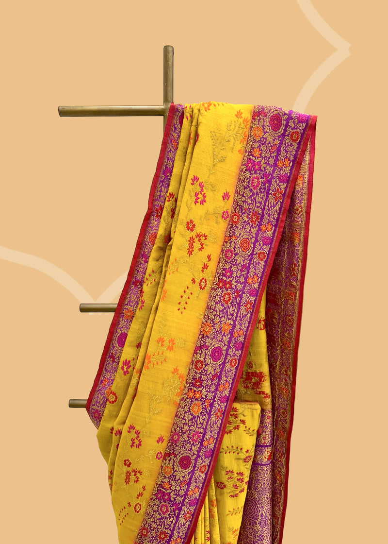 Bright yellow tussar georgette saree