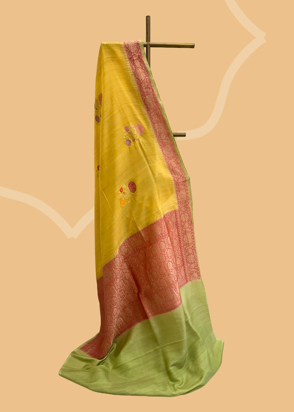 Basanti yellow tussar georgette saree