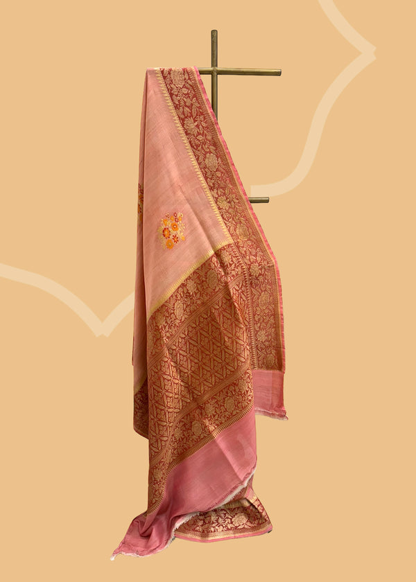 Salmon pink tussar georgette saree