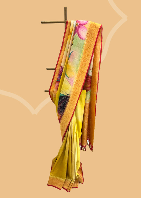 Lime yellow handpainted tussar georgette