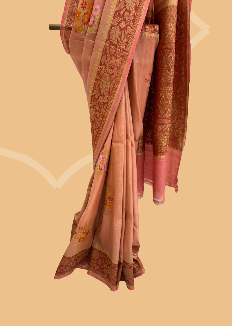 Salmon pink tussar georgette saree