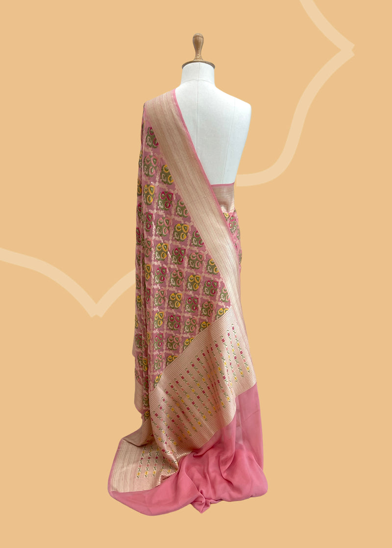 Pink meenakari pure georgette benarasi saree by Roliana. Shop the best collection of authentic, handwoven, pure benarasi sarees with Roliana New Delhi