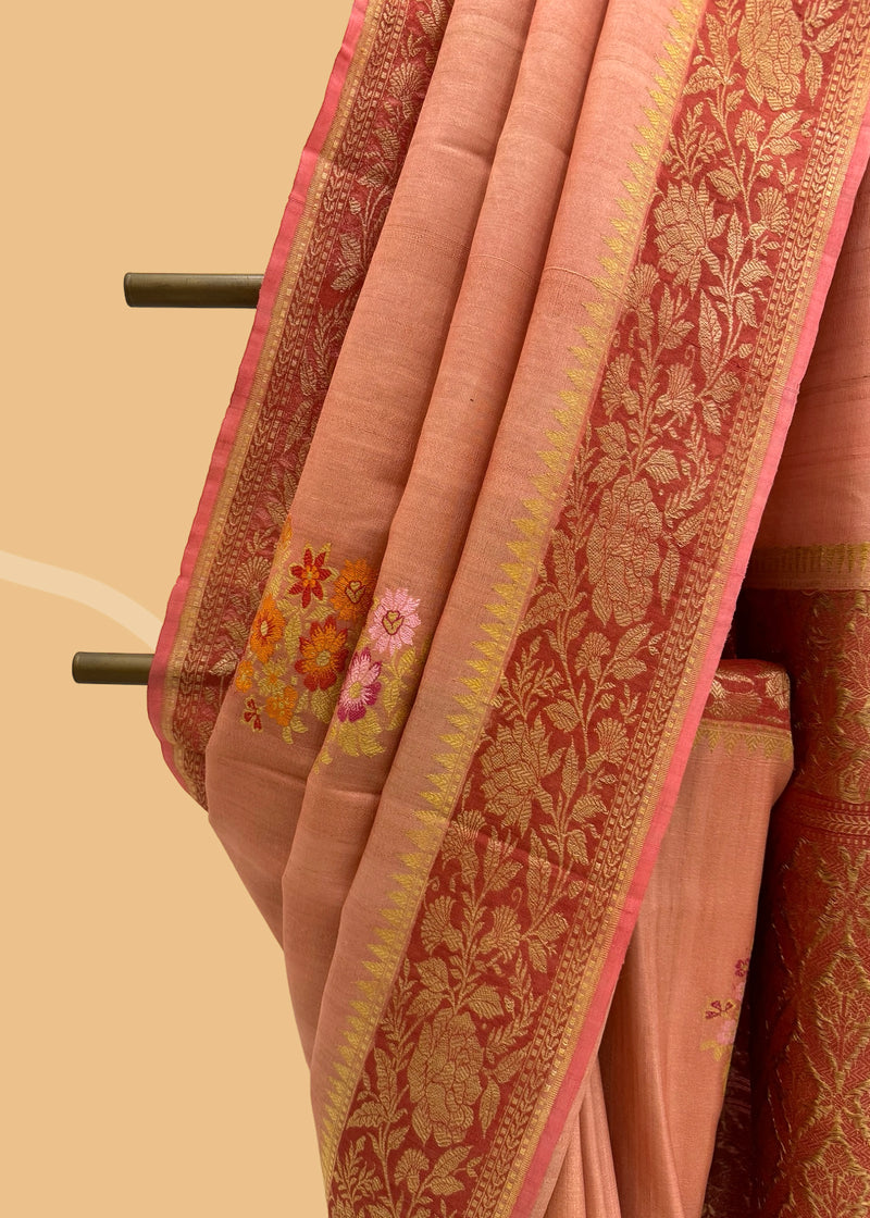 Salmon pink tussar georgette saree