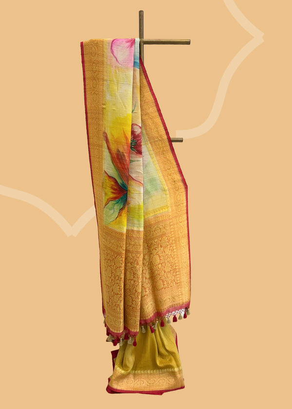 Lime yellow handpainted tussar georgette