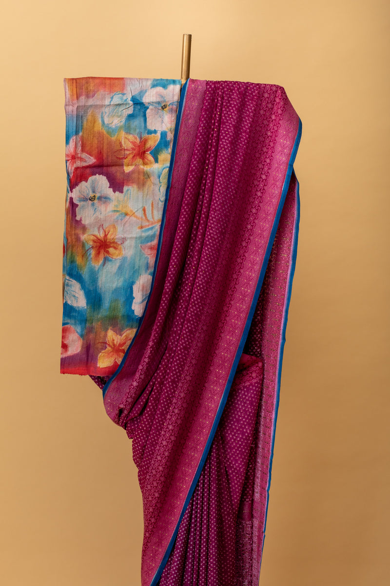 Falsa pure benarsi georgette saree with thread work bootis teamed with a tussar handpainted blouse by Roliana Weaves. Pure Banarasi Sari.