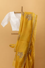 Yellow pure organza handwoven saree with floral zardozi embroidery by Roliana Weaves. Shop handcrafted sarees online. Ekaya, Tifli, Sacred Weaves