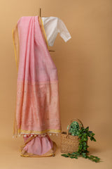 Pink pure linen saree with Chikankari bootis and pita kaamdani work by Roliana Weaves. SHop handwoven summer sarees by Roliana Banaras. Ekaya Tifli