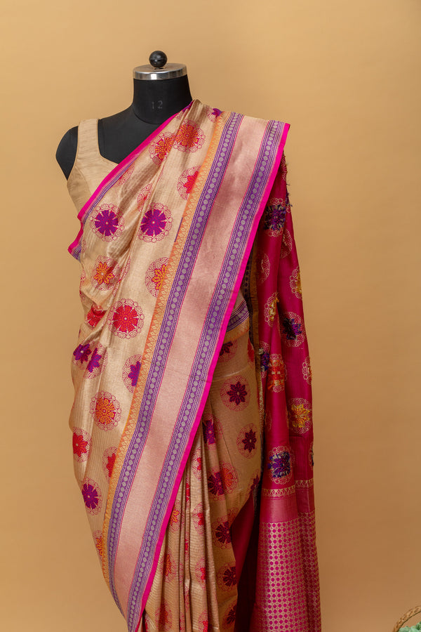 Silk tissue multicolour handwoven saree in a retro fun bootis design by Roliana Weaves. Shop exclusive pure benarasi sarees online at online shop.