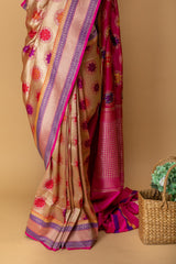 Silk tissue multicolour handwoven saree in a retro fun bootis design by Roliana Weaves. Shop exclusive pure benarasi sarees online at online shop.