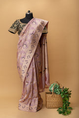 Rose pink pure banarasi handwoven katan silk jangla saree in dull zari with delicate meenakari flowers by Roliana Weaves.