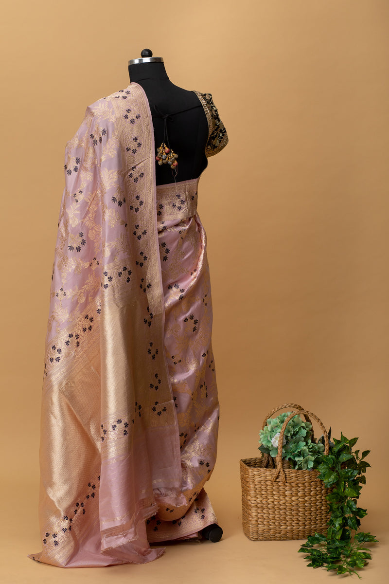 Rose pink pure banarasi handwoven katan silk jangla saree in dull zari with delicate meenakari flowers by Roliana Weaves.