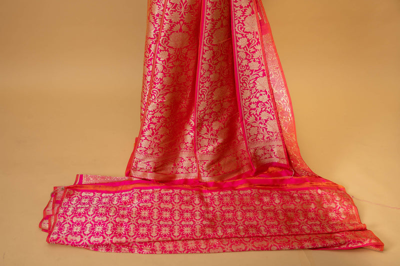 Peach pink lehenga pure benarasi handwoven silk panel set with zari jaal and brocade blouse and dupatta borders by Roliana Weaves. Best Banarasi lehenga online