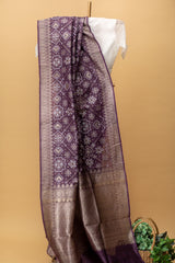 Purple pure handwoven benarasi tussar silk saree with all over Patola weave in white and silver combination by Roliana Weaves. Best banarasi sari online