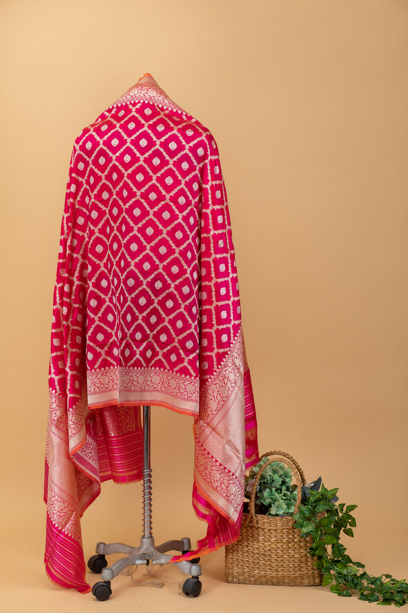 Fuschia pink guleband jaal dupatta in pure handwoven benarasi silk by Roliana Weaves. Pure banarasi dupattas online
