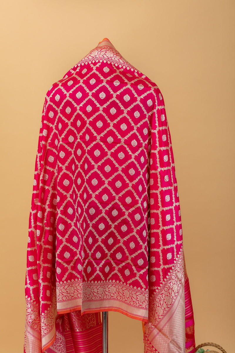 Fuschia pink guleband jaal dupatta in pure handwoven benarasi silk by Roliana Weaves. Pure banarasi dupattas online