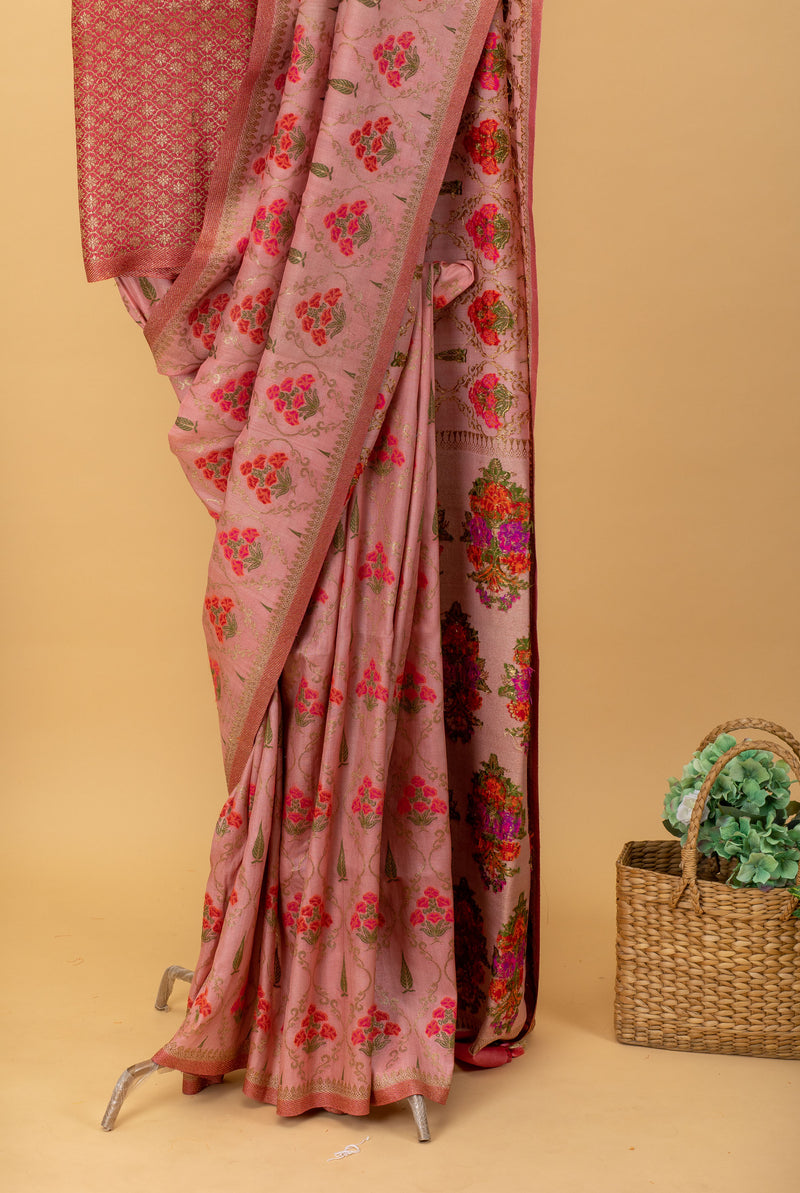 Pink tussar georgette handwoven benarasi saree with an ornamental jaal of guldastas In meenakari by Roliana Weaves