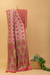 Pink tussar georgette handwoven benarasi saree with an ornamental jaal of guldastas In meenakari by Roliana Weaves