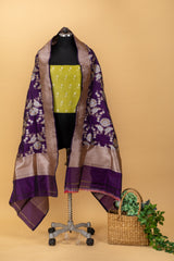 Purple colour pure handwoven benarasi silk dupatta with silver gold zari jaal by Roliana Weaves. Best banarasi silk dupattas online
