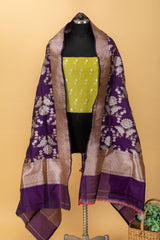 Purple colour pure handwoven benarasi silk dupatta with silver gold zari jaal by Roliana Weaves. Best banarasi silk dupattas online