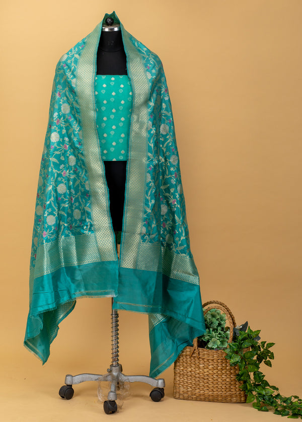 Powder blue silk pure handwoven benarasi dupatta with a zari meenakari all over jaal by Roliana Weaves. Best pure banarasi dupatta online