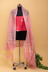 Powder pink kora pure benarasi handwoven dupatta with and all over ikat by Roliana Weave. Best pure Banarasi handwoven dupatta online