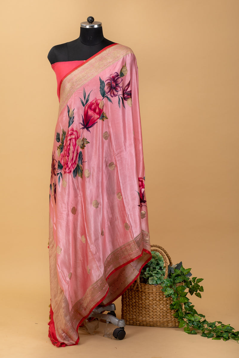 Pink mashru silk handwoven pure benarasi dupatta with delicate zari bootis by Roliana Weaves Best Pure banarasi silk dupatta