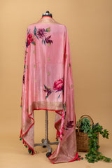 Pink mashru silk handwoven pure benarasi dupatta with delicate zari bootis by Roliana Weaves Best Pure banarasi silk dupatta online