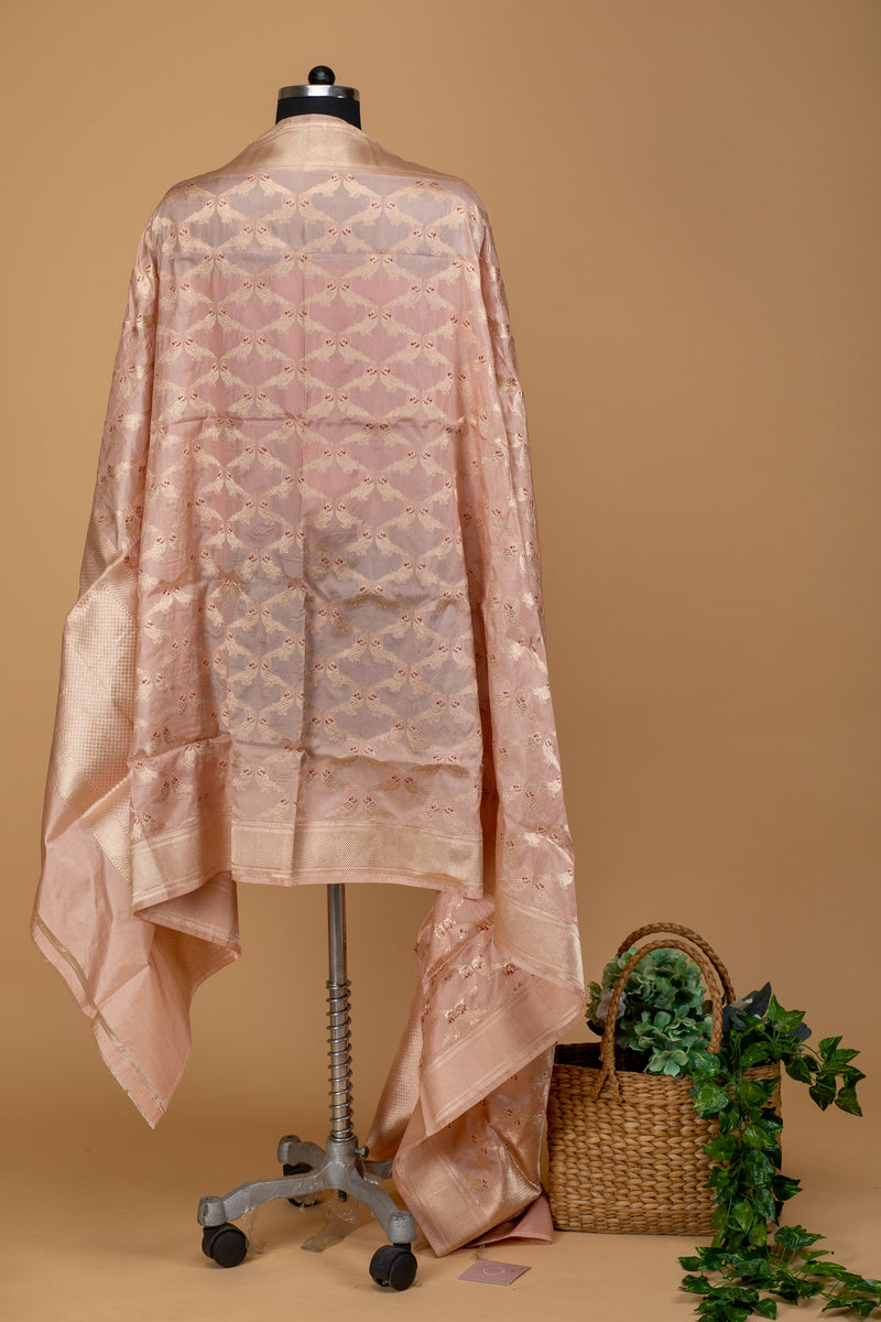 A light pure handwoven benarasi silk dupatta with woven parrots jaal and maroon meenakari by Roliana Weaves